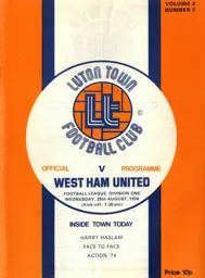 Programme: Luton Town FC vs West Ham United (28th Aug 1974)