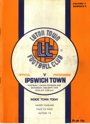 Programme: Luton Town FC vs Ipswich Town (14th Sep 1974)
