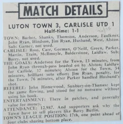 Match Report: Luton Town FC vs Carlisle United (28th Sep 1974)