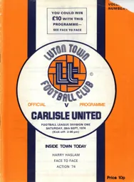 Programme: Luton Town FC vs Carlisle United (28th Sep 1974)