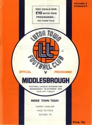 Programme: Luton Town FC vs Middlesbrough (16th Oct 1974)