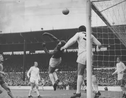 Tottenham goalkeeper Pat Jennings tips a Luton effort over the bar