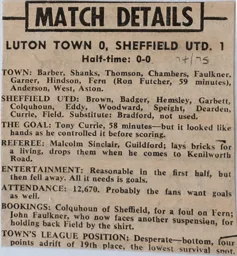 Match Report: Luton Town FC vs Sheffield United (9th Nov 1974)