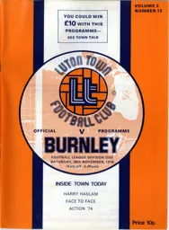 Programme: Luton Town FC vs Burnley (30th Nov 1974)