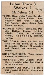 Match Report: Luton Town FC vs Wolverhampton Wanderers (28th Dec 1974)