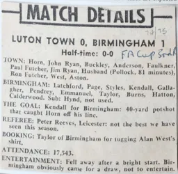 Match Report: Luton Town FC vs Birmingham City (4th Jan 1975)
