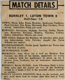 Match Report: Burnley vs Luton Town FC (18th Jan 1975)