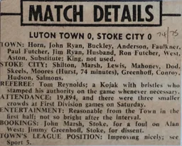 Match Report: Luton Town FC vs Stoke City (22nd Feb 1975)
