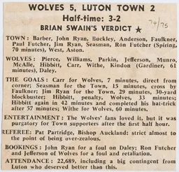 Match Report: Wolverhampton Wanderers vs Luton Town FC (31st Mar 1975)
