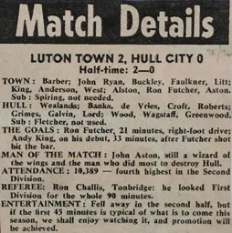 Match Report: Luton Town FC vs Hull City (16th Aug 1975)