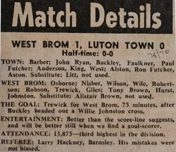 Match Report: West Bromwich Albion vs Luton Town FC (23rd Aug 1975)