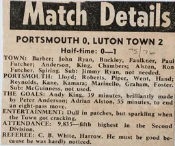 Match Report: Portsmouth vs Luton Town FC (6th Sep 1975)