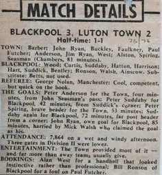 Match Report: Blackpool vs Luton Town FC (4th Oct 1975)