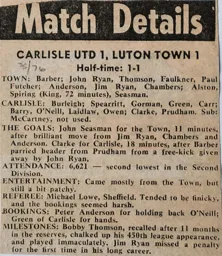 Match Report: Carlisle United vs Luton Town FC (11th Oct 1975)
