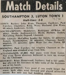 Match Report: Southampton vs Luton Town FC (8th Nov 1975)