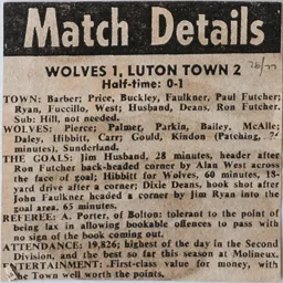 Match Report: Wolverhampton Wanderers vs Luton Town FC (25th Sep 1976)