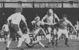 The Luton defence stops a Blackpool attack