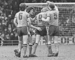 David Geddis is congratulated on his goal