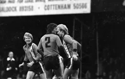 Paul Price about to congratulate Ron Futcher on scoring the opening goal