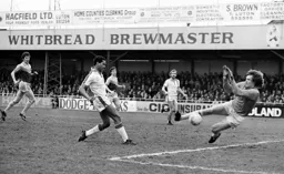 Brian Stein’s effort saved by United keeper Phil Parkes