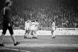 Town celebrating in front of the snow