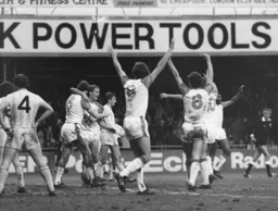Town players celebrate the own goal scored by Spurs Gary O`Reilly