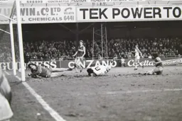 Hammers keeper Phil Parkes stops the ball on the line
