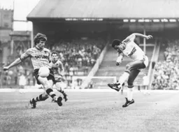 Brian Stein shoots past Alan Dodd, but no goal resulted