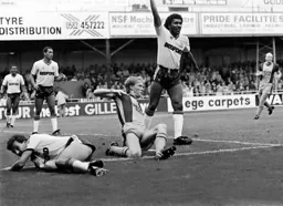 Ricky Hill appeals for a penalty as David Moss is brought down by Mark Wright