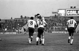 Steve Foster congratulates goal scorer David Preece