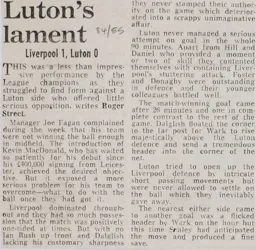 Match Report: Liverpool vs Luton Town FC (29th Dec 1984)
