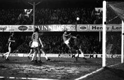 Mick Harford gets his foot around Peter Shilton’s head
