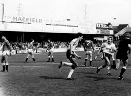 Mick Harford celebrates his last minute winner as the Town beat United 2-1 in front of the TV cameras