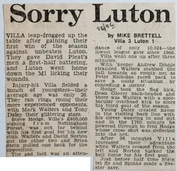 Match Report: Aston Villa vs Luton Town FC (31st Aug 1985)