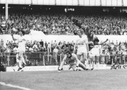 Mick Harford turns away after scoring Town`s first goal. Spurs Steve Perryman shows his dismay