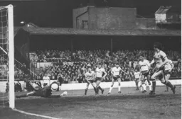 The ball beats Watford keeper Tony Coton but it goes wide