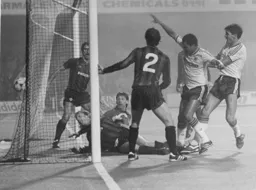 Brian Stein forces the ball over the line for his and Town`s second goal