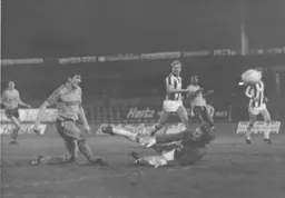 Mick Harford shoots past former Hatters loanee Tony Godden to score Town`s second goal