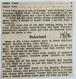 Match Report: Luton Town FC vs Aston Villa (18th Jan 1986)