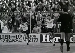 Mick Harford celebrates his goal with David Preece