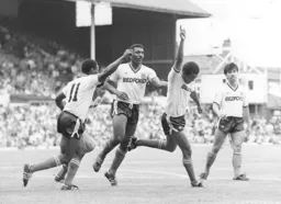 Goal celebration time. With Emeka Nwajiobi, Ricky Hill, Brian Stein and Rob Johnson