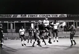 Steve Foster makes life awkward for Peter Shilton with Brian Stein and Emeka Nwajiobi in close support