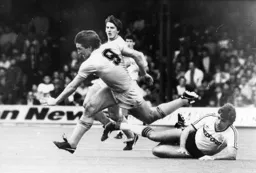 Billy Whitehurst goes flying over Mal Donaghy`s challenge