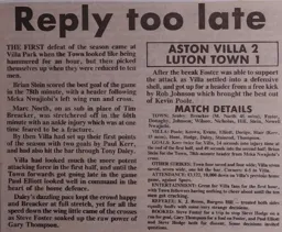 Match Report: Aston Villa vs Luton Town FC (3rd Sep 1986)