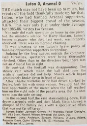 Match Report: Luton Town FC vs Arsenal (13th Sep 1986)