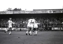 Four happy Hatters after Mark Stein had scored the only goal of the game