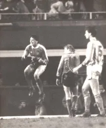 Les Sealey celebrates Town`s win at full time against his former club