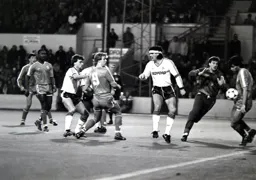 Mal Donaghy Steve Foster and future Hatter Kerry Dixon watch as the ball is blocked on the line