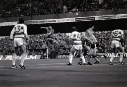 Mick Harford hits a shot on the volley