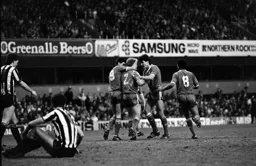 Tim Breacker is congratulated by Mike Newell, Mick Harford and Brian Stein after scoring the Town`s second goal